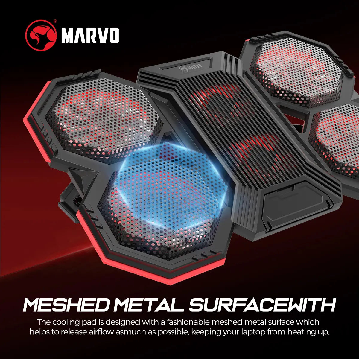 Marvo Gaming Laptop Cooling Stand - High-Efficiency 6-Fan System, Adjustable Speed, LED Backlighting, Dual USB Ports, Integrated Phone Holder, Compatible with 9-17.3 Inch Laptops, Slim Design for Home and Travel