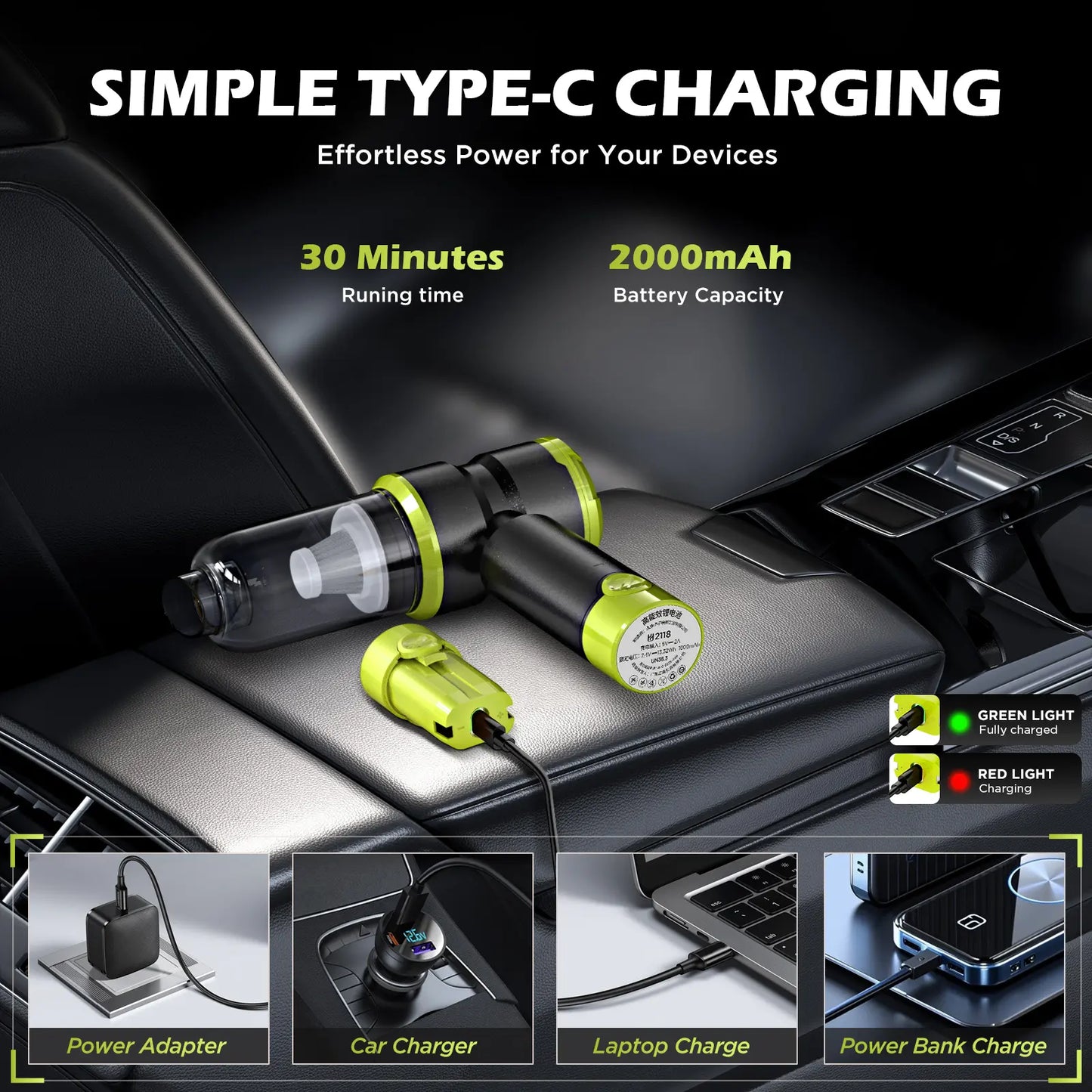Professional Cordless Handheld Car Vacuum Cleaner with 15000PA Suction Power, 4-in-1 Design, Rechargeable 2000mAh Battery, Portable Mini Vacuum for Home, Office, and Pet Hair (Green)