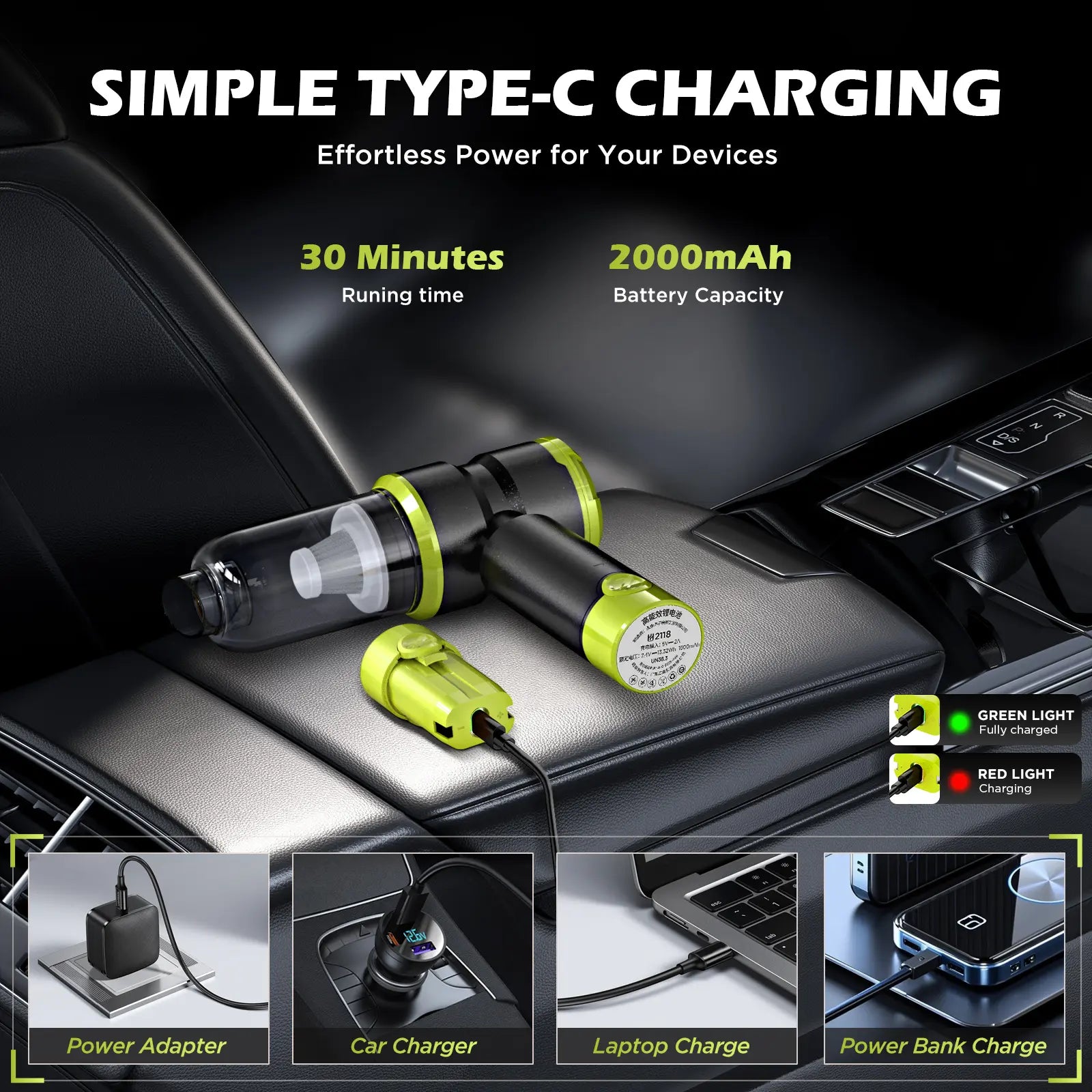 Professional Cordless Handheld Car Vacuum Cleaner with 15000PA Suction Power, 4-in-1 Design, Rechargeable 2000mAh Battery, Portable Mini Vacuum for Home, Office, and Pet Hair (Green)