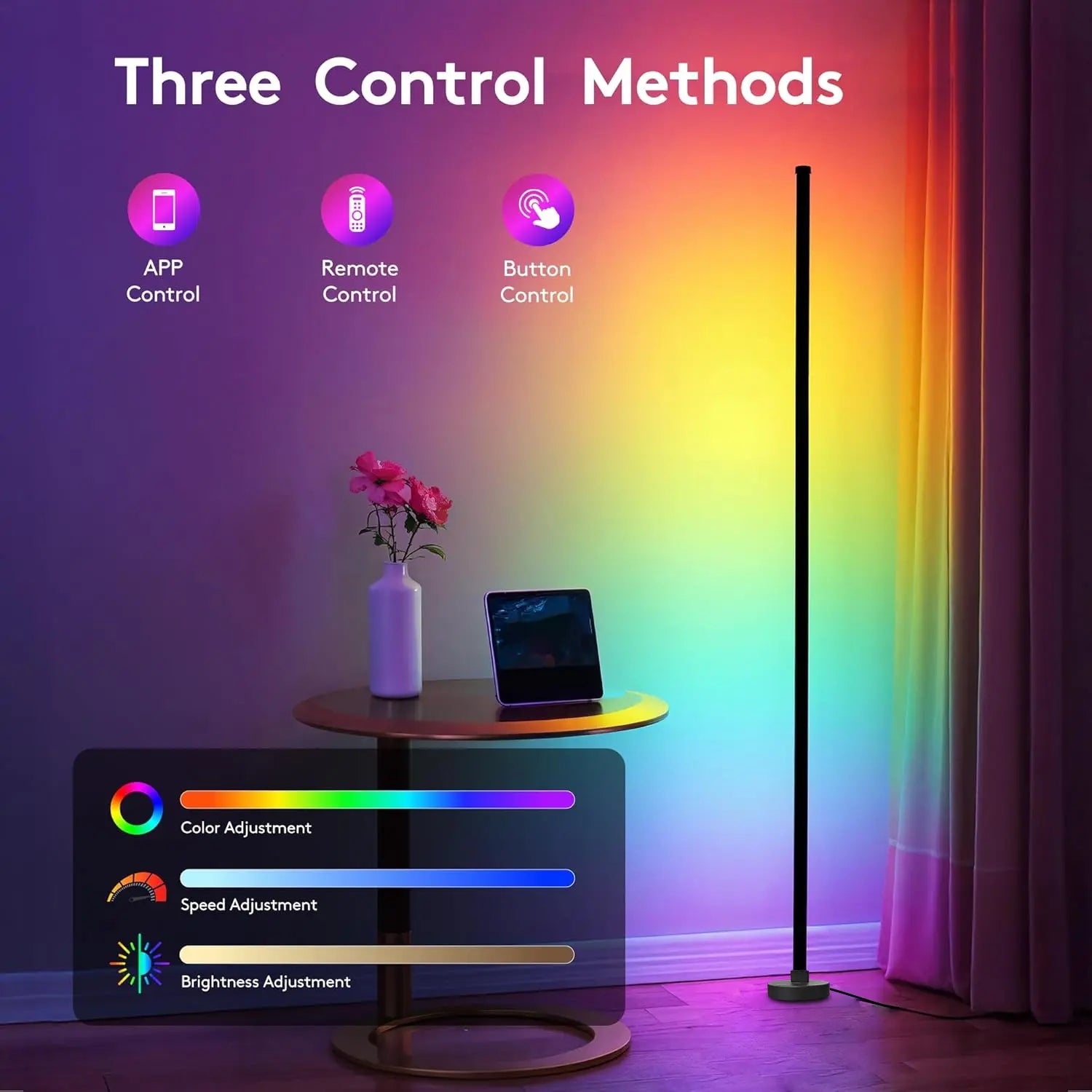 Rroetxi RGBIC Smart Corner Floor Lamp – Adjustable LED Lighting with App and Remote Control, Color Changing Features, Music Sync Mode, and Timer Function for Living Room, Bedroom, and Event Decor