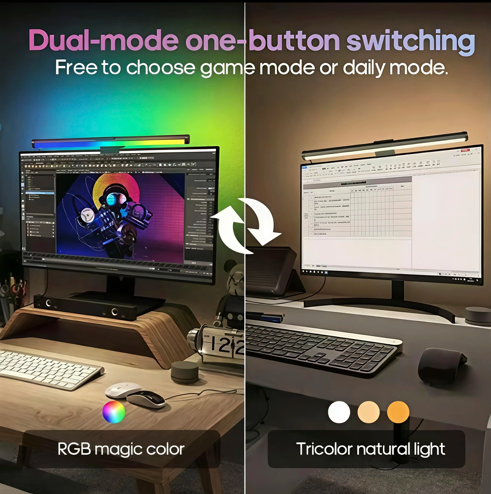LED Backlit Dual-Sided Monitor Light with RGBW Night Illumination and Ergonomic Touch Control, USB Powered for Eye Protection in Home Office and Gaming Environments