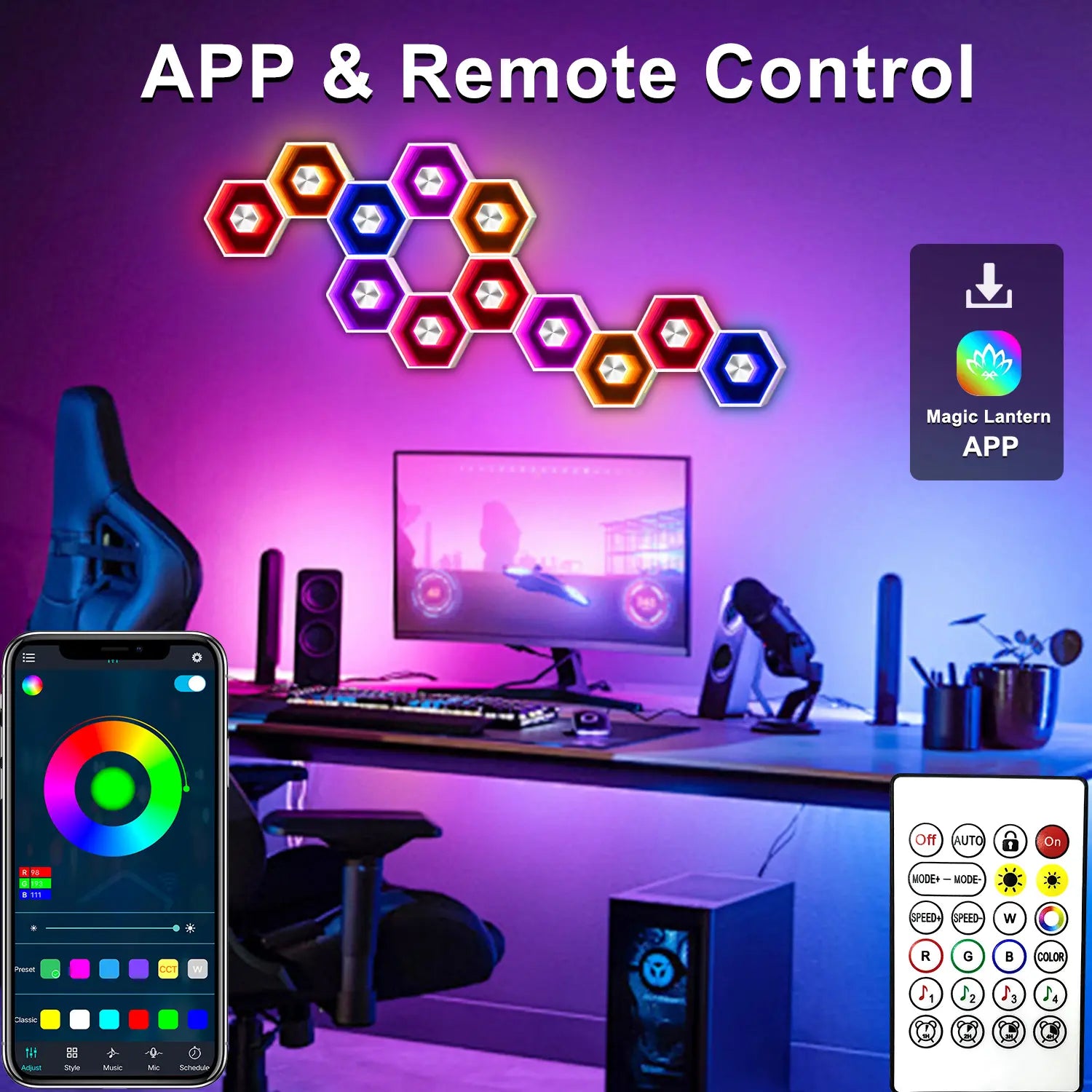 SEGRASS Hexagon LED Smart Lighting - RGB Gaming Lamp with Remote Control, Multifunctional Music Sync Atmosphere Lights, Dimmable and Customizable Room Decor for Bedroom and Gaming Accessories
