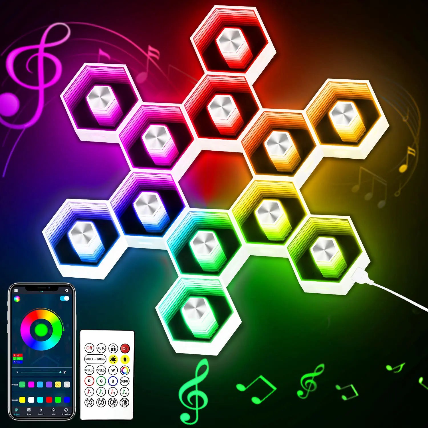 SEGRASS Hexagon LED Smart Lighting - RGB Gaming Lamp with Remote Control, Multifunctional Music Sync Atmosphere Lights, Dimmable and Customizable Room Decor for Bedroom and Gaming Accessories