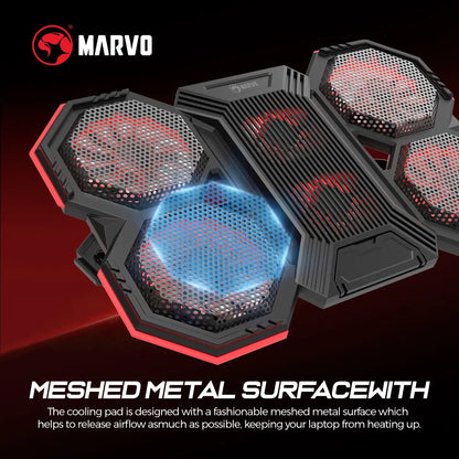 Marvo Gaming Laptop Cooling Stand - High-Efficiency 6-Fan System, Adjustable Speed, LED Backlighting, Dual USB Ports, Integrated Phone Holder, Compatible with 9-17.3 Inch Laptops, Slim Design for Home and Travel