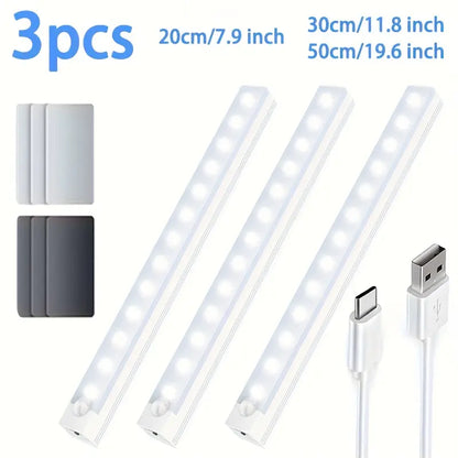 USB-Rechargeable Wireless LED Motion Sensor Cabinet Lights - Set of 3, Magnetic Self-Adhesive Wardrobe Lighting Solutions