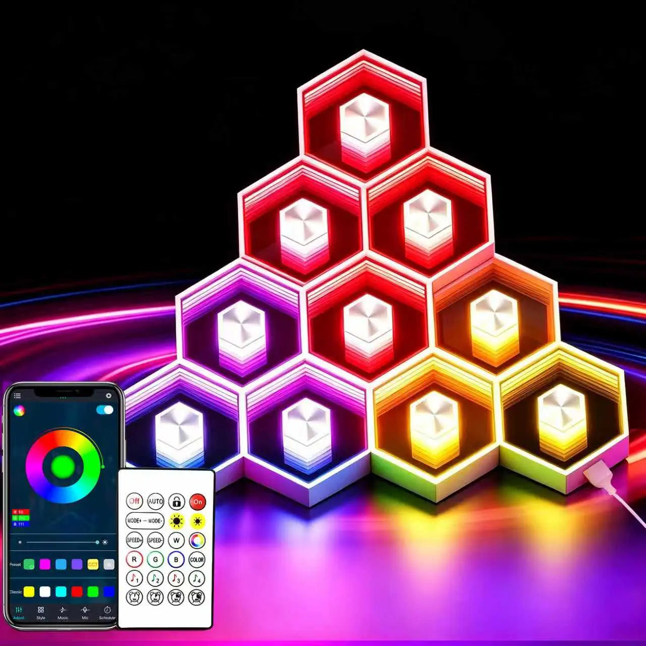SEGRASS Hexagon LED Smart Lighting - RGB Gaming Lamp with Remote Control, Multifunctional Music Sync Atmosphere Lights, Dimmable and Customizable Room Decor for Bedroom and Gaming Accessories