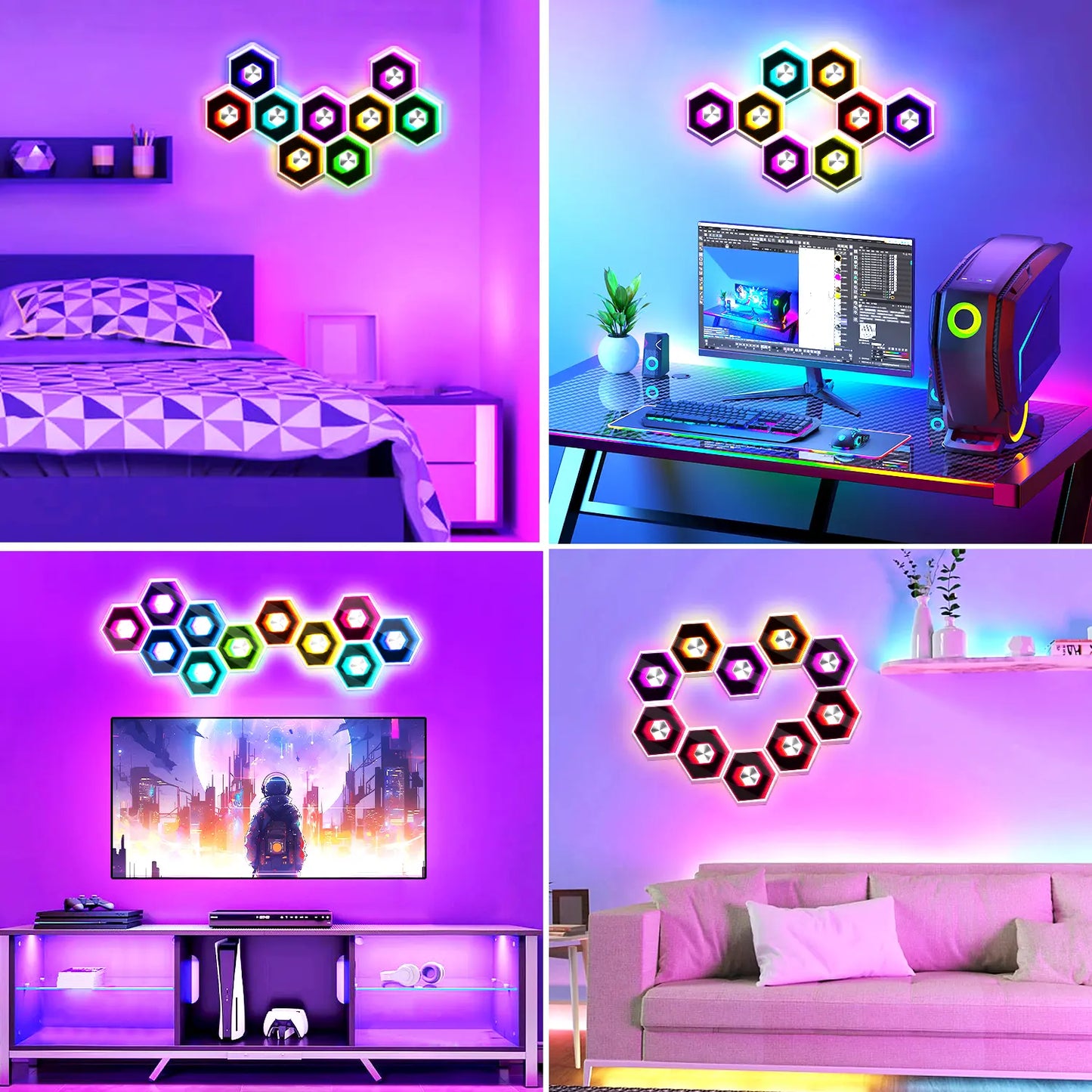 SEGRASS Hexagon LED Smart Lighting - RGB Gaming Lamp with Remote Control, Multifunctional Music Sync Atmosphere Lights, Dimmable and Customizable Room Decor for Bedroom and Gaming Accessories