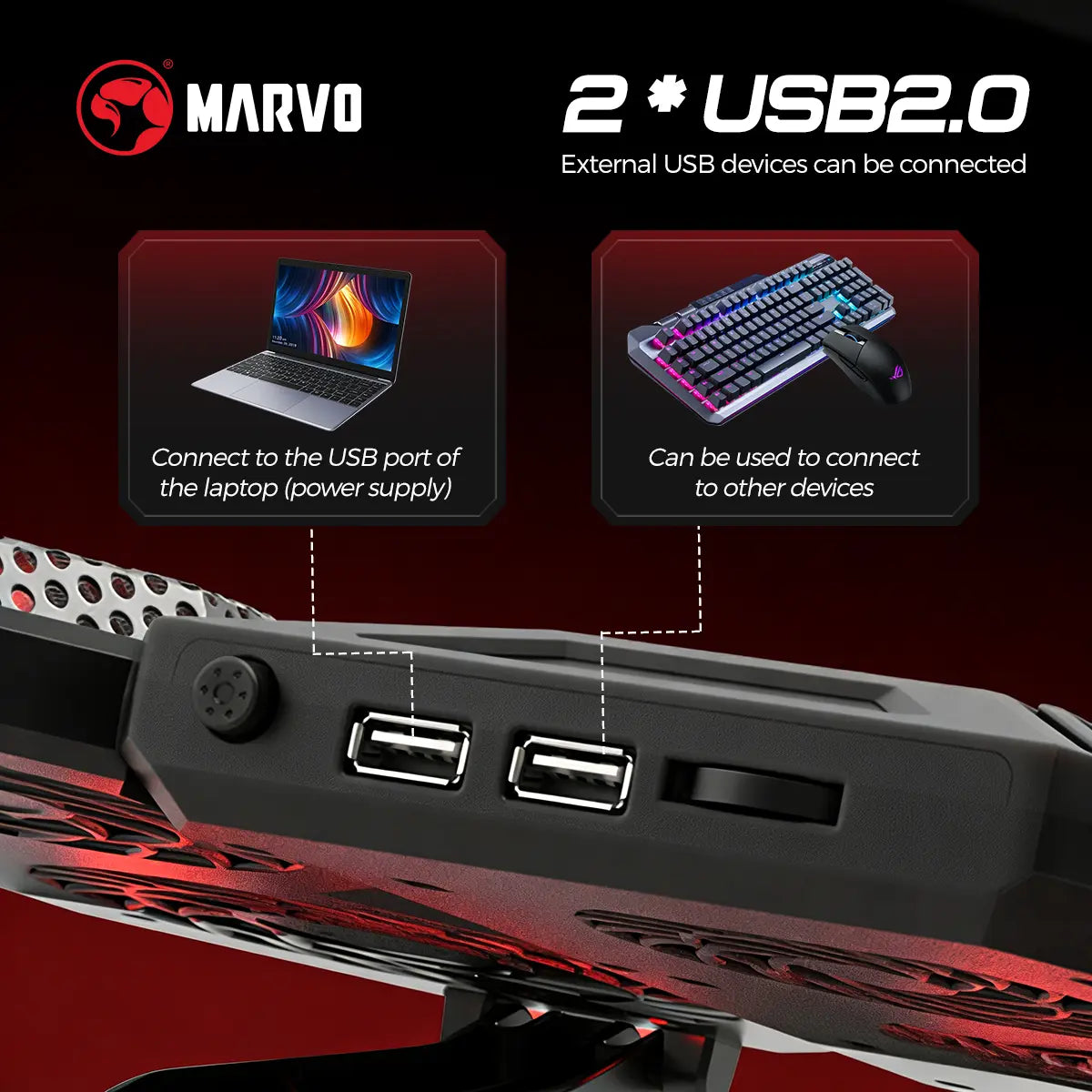 Marvo Gaming Laptop Cooling Stand - High-Efficiency 6-Fan System, Adjustable Speed, LED Backlighting, Dual USB Ports, Integrated Phone Holder, Compatible with 9-17.3 Inch Laptops, Slim Design for Home and Travel