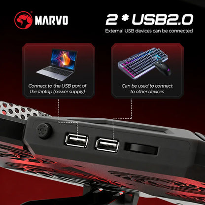 Marvo Gaming Laptop Cooling Stand - High-Efficiency 6-Fan System, Adjustable Speed, LED Backlighting, Dual USB Ports, Integrated Phone Holder, Compatible with 9-17.3 Inch Laptops, Slim Design for Home and Travel