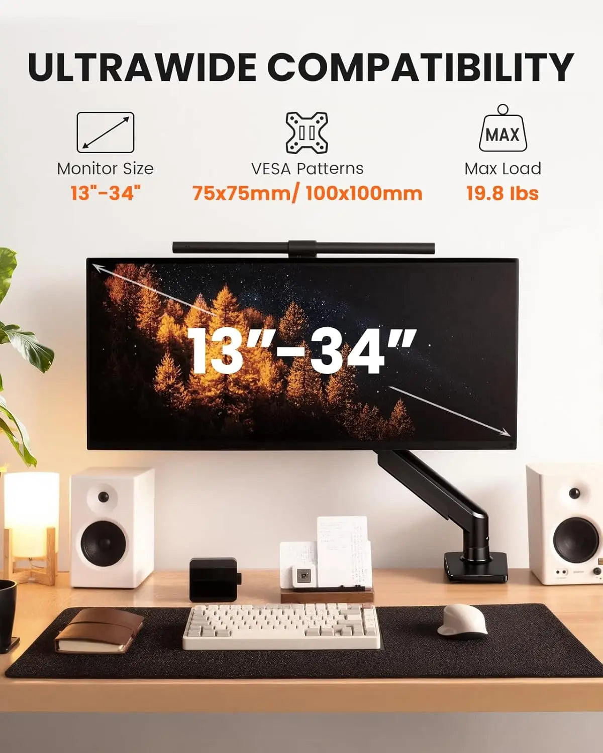 HUANUO Fully Adjustable Single Monitor Arm for 13–34 Inch Screens, Tool-Free VESA Mount, Integrated Cable Management, Supports Up to 19.8 lbs, Max VESA 100x100mm