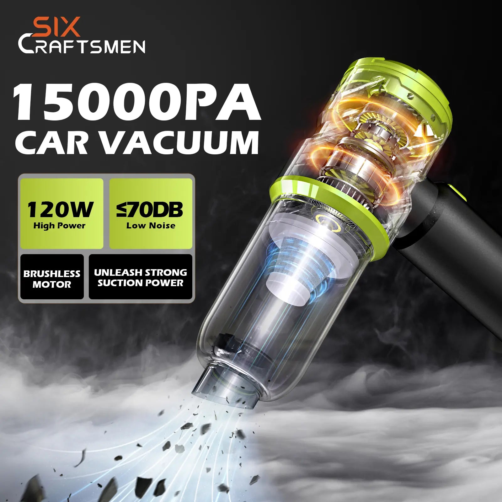Professional Cordless Handheld Car Vacuum Cleaner with 15000PA Suction Power, 4-in-1 Design, Rechargeable 2000mAh Battery, Portable Mini Vacuum for Home, Office, and Pet Hair (Green)