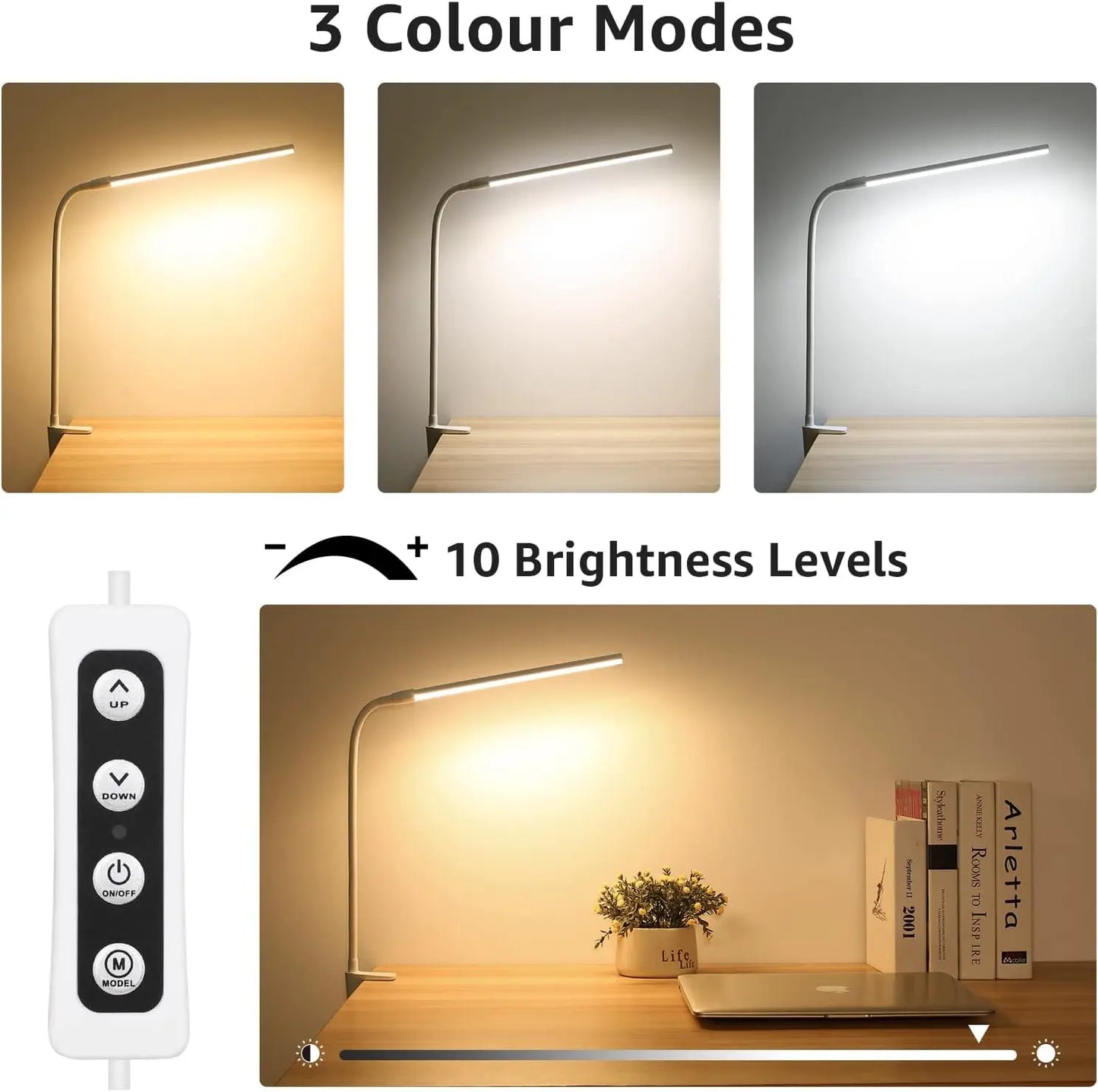 LEPRO Clip-On LED Desk Lamp with Adjustable Gooseneck, 3 Color Modes, 10 Brightness Levels, Dimmable USB Clamp Light for Bedroom and Home Office Use