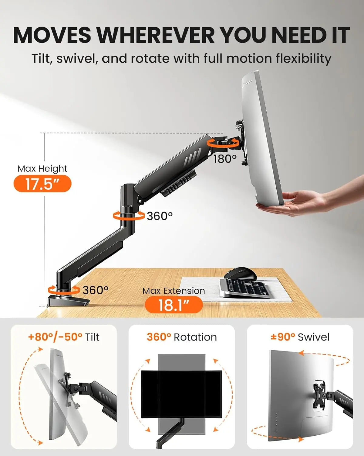 HUANUO Fully Adjustable Single Monitor Arm for 13–34 Inch Screens, Tool-Free VESA Mount, Integrated Cable Management, Supports Up to 19.8 lbs, Max VESA 100x100mm