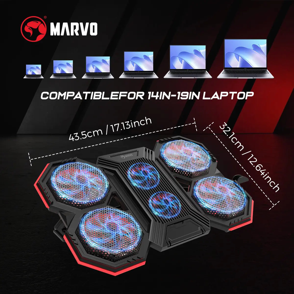 Marvo Gaming Laptop Cooling Stand - High-Efficiency 6-Fan System, Adjustable Speed, LED Backlighting, Dual USB Ports, Integrated Phone Holder, Compatible with 9-17.3 Inch Laptops, Slim Design for Home and Travel
