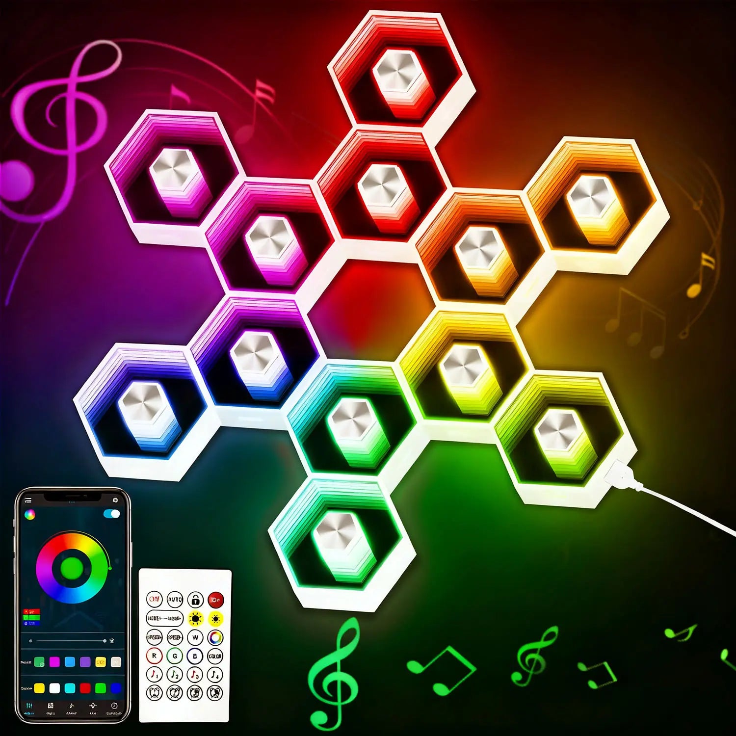SEGRASS Hexagon LED Smart Lighting - RGB Gaming Lamp with Remote Control, Multifunctional Music Sync Atmosphere Lights, Dimmable and Customizable Room Decor for Bedroom and Gaming Accessories