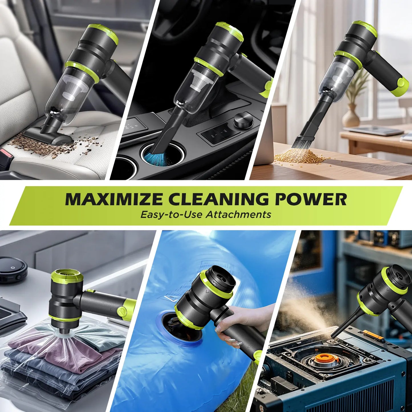 Professional Cordless Handheld Car Vacuum Cleaner with 15000PA Suction Power, 4-in-1 Design, Rechargeable 2000mAh Battery, Portable Mini Vacuum for Home, Office, and Pet Hair (Green)