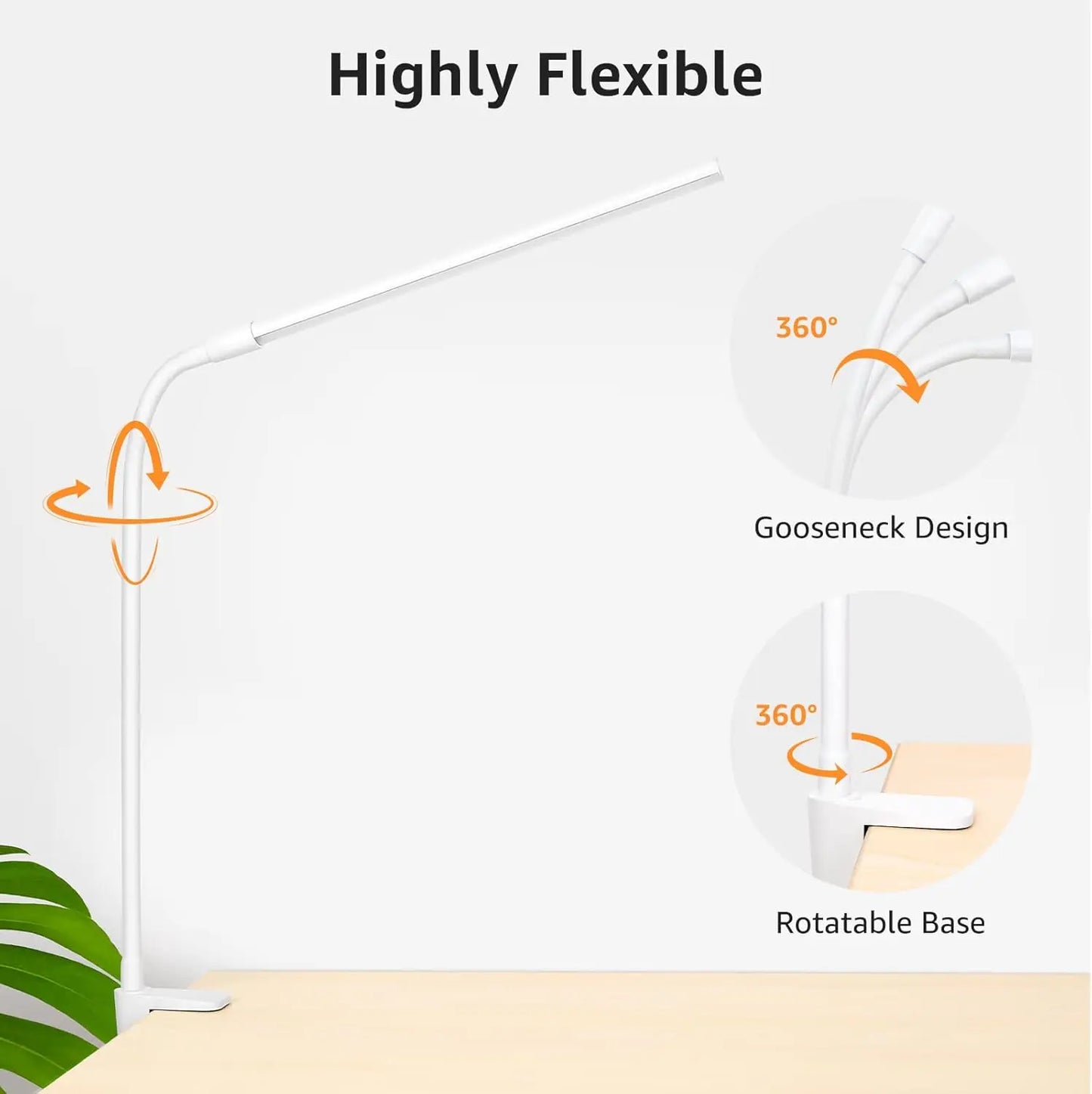 LEPRO Clip-On LED Desk Lamp with Adjustable Gooseneck, 3 Color Modes, 10 Brightness Levels, Dimmable USB Clamp Light for Bedroom and Home Office Use