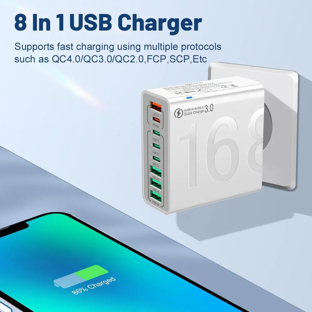 2Pcs/3Pcs 4 USB-C & 4 USB-A Fast Charging USB Hub Portablesmart 8Port Charger for Multiple Devices Smartcharger for Phones, Tablets & More