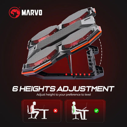 Marvo Gaming Laptop Cooling Stand - High-Efficiency 6-Fan System, Adjustable Speed, LED Backlighting, Dual USB Ports, Integrated Phone Holder, Compatible with 9-17.3 Inch Laptops, Slim Design for Home and Travel