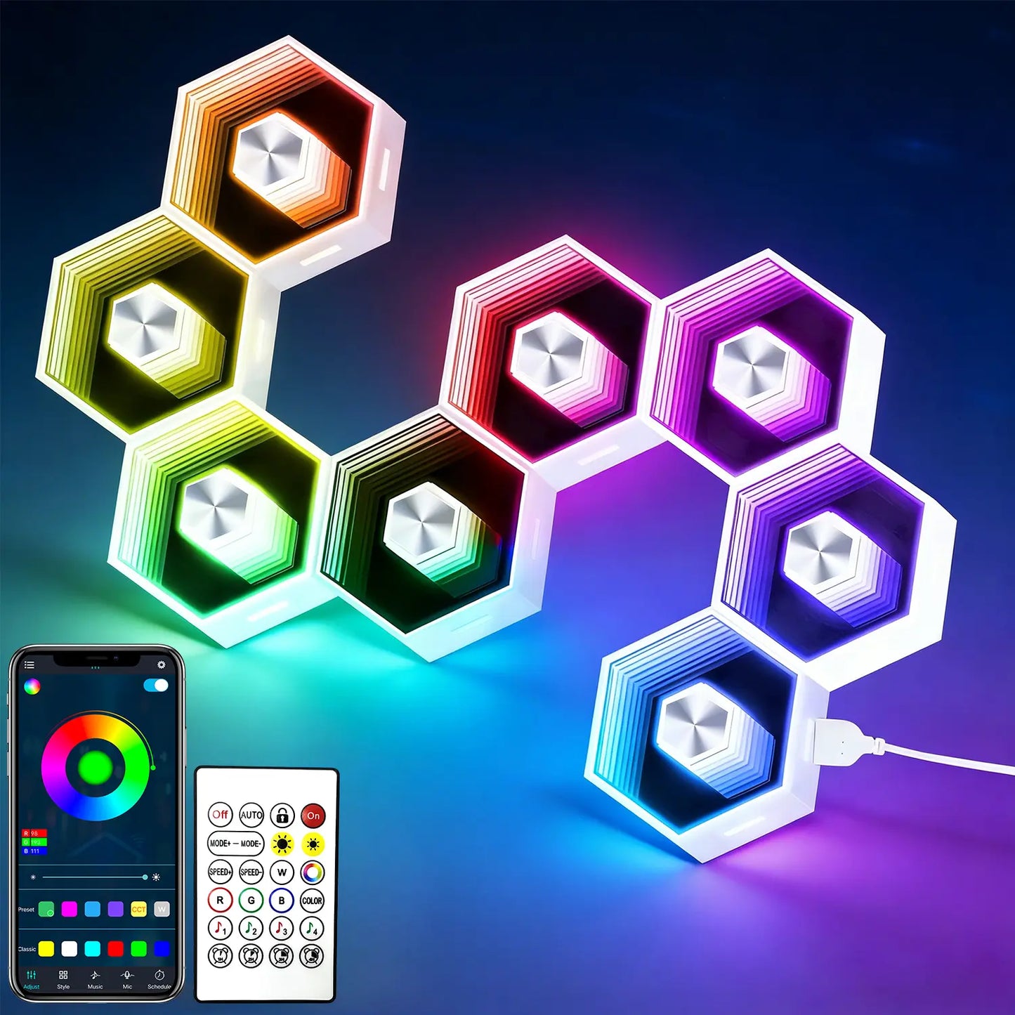SEGRASS Hexagon LED Smart Lighting - RGB Gaming Lamp with Remote Control, Multifunctional Music Sync Atmosphere Lights, Dimmable and Customizable Room Decor for Bedroom and Gaming Accessories