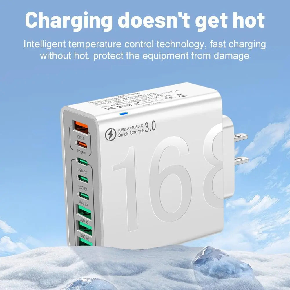 2Pcs/3Pcs 4 USB-C & 4 USB-A Fast Charging USB Hub Portablesmart 8Port Charger for Multiple Devices Smartcharger for Phones, Tablets & More