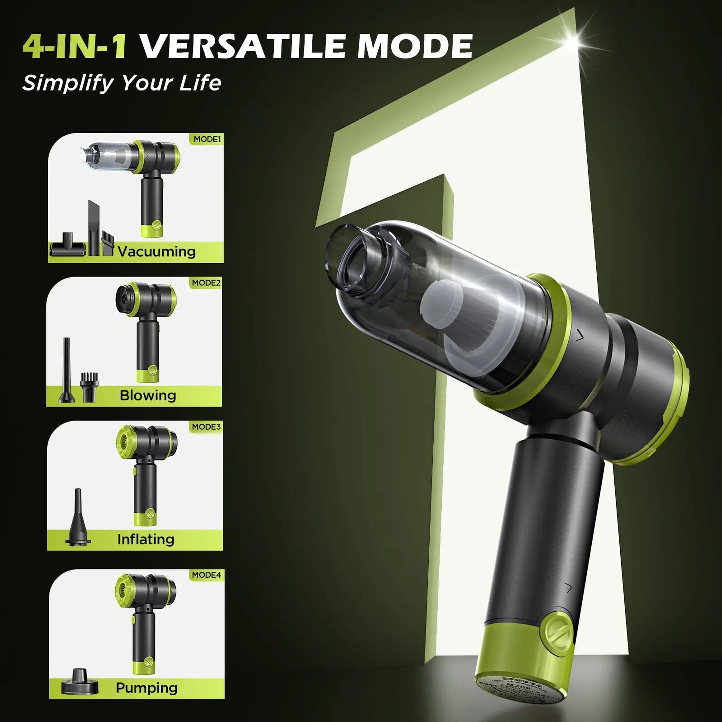 Professional Cordless Handheld Car Vacuum Cleaner with 15000PA Suction Power, 4-in-1 Design, Rechargeable 2000mAh Battery, Portable Mini Vacuum for Home, Office, and Pet Hair (Green)
