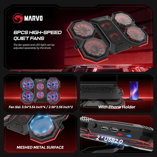 Marvo Gaming Laptop Cooling Stand - High-Efficiency 6-Fan System, Adjustable Speed, LED Backlighting, Dual USB Ports, Integrated Phone Holder, Compatible with 9-17.3 Inch Laptops, Slim Design for Home and Travel