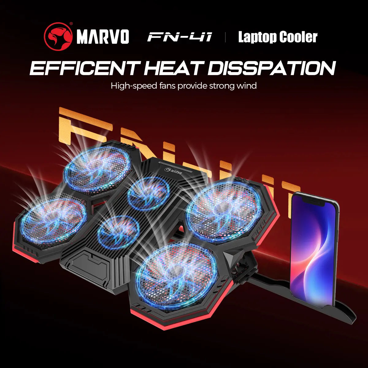Marvo Gaming Laptop Cooling Stand - High-Efficiency 6-Fan System, Adjustable Speed, LED Backlighting, Dual USB Ports, Integrated Phone Holder, Compatible with 9-17.3 Inch Laptops, Slim Design for Home and Travel