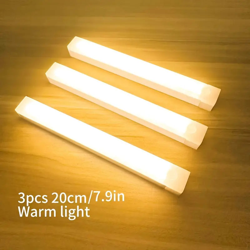 USB-Rechargeable Wireless LED Motion Sensor Cabinet Lights - Set of 3, Magnetic Self-Adhesive Wardrobe Lighting Solutions
