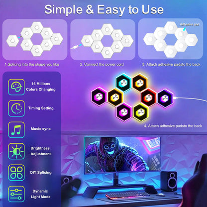 SEGRASS Hexagon LED Smart Lighting - RGB Gaming Lamp with Remote Control, Multifunctional Music Sync Atmosphere Lights, Dimmable and Customizable Room Decor for Bedroom and Gaming Accessories